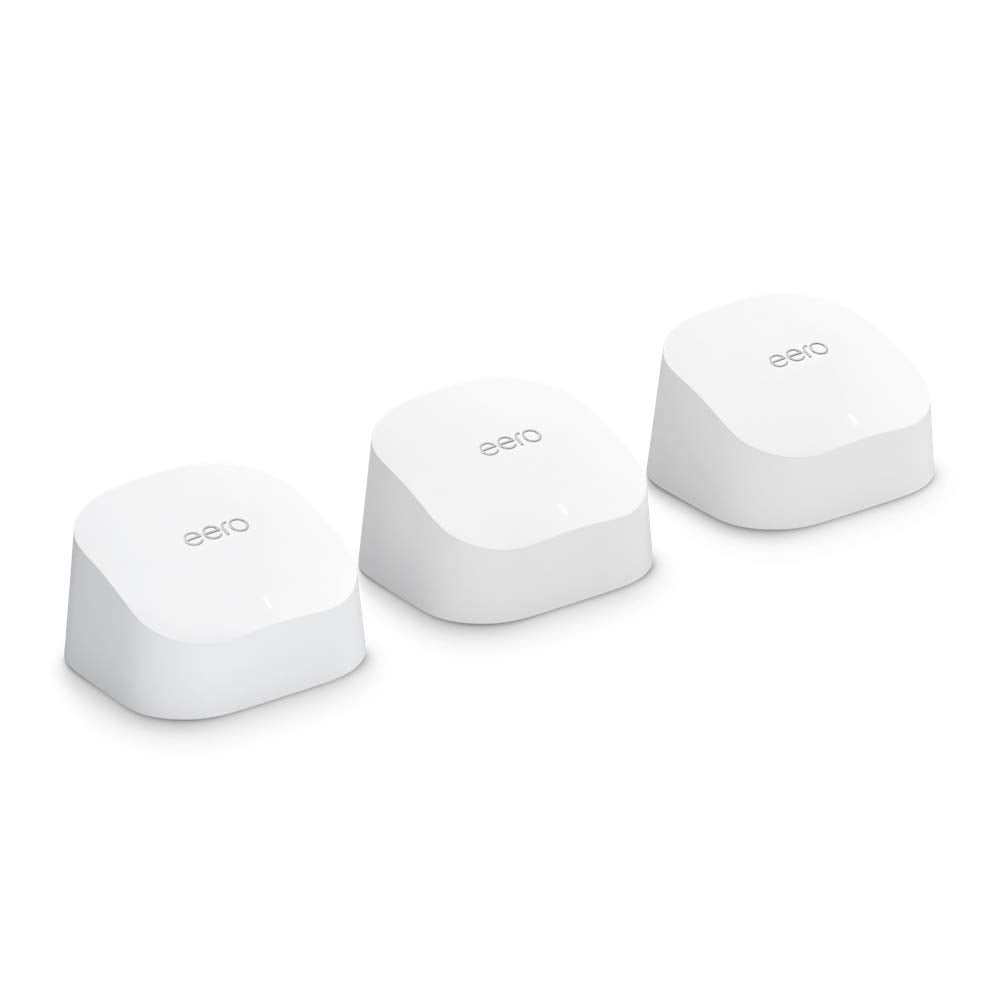 Amazon eero 6 mesh wifi system - Supports speeds up to 900 mbps, Coverage up to 4,500 sq. ft., Connect 75+ Devices, 3-pack (3 routers)