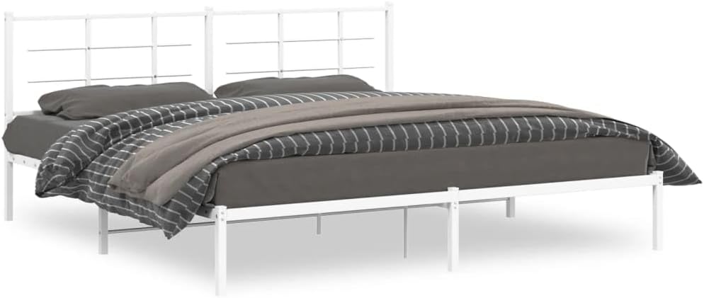 Metal Bed Frame with Headboard White King Size 76'x79.9' Steel Platform Bed Frame for Bedroom Furniture Durable Sturdy Design with Underbed Storage Space