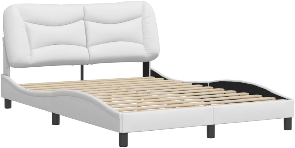Modern White Bed Frame with Upholstered Headboard and Waved Side Design, Sturdy Pine Wood Construction for Double Size Mattress, Stain-Resistant Faux Leather, Contemporary