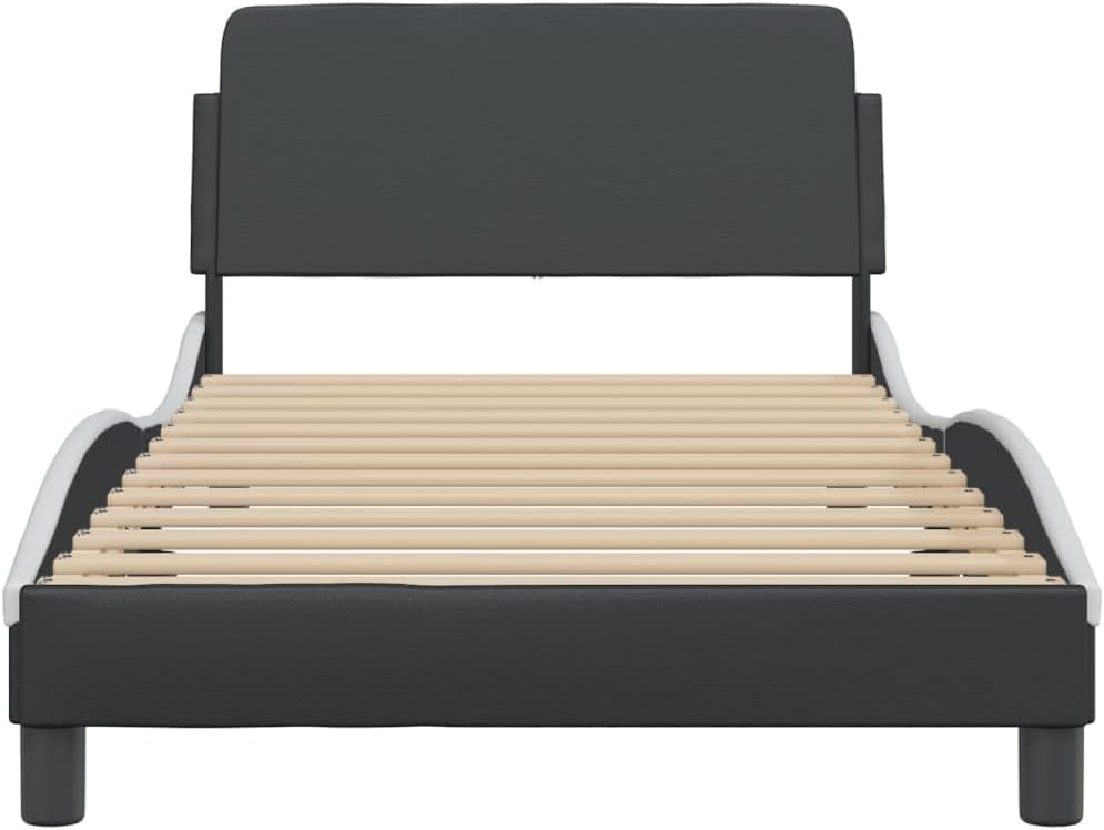 Twin Bed Frame with Headboard 39.4'x74.8' Faux Leather Platform Bed Frame Black and White Modern Upholstered Bedframe for Bedroom