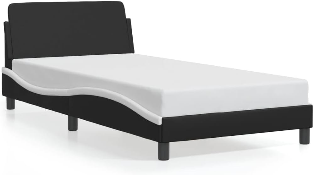 Twin XL Bed Frame with Headboard 39.4'x79.9' Faux Leather Platform Bed Frame Black and White Modern Wavy Design for Bedroom Furniture