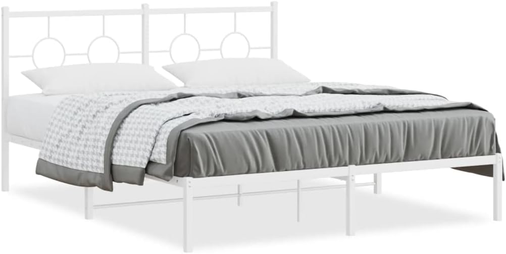 Metal Bed Frame with Headboard White Queen Size Platform Bed Frame Steel Construction Underbed Storage Space Sturdy Support for Bedroom