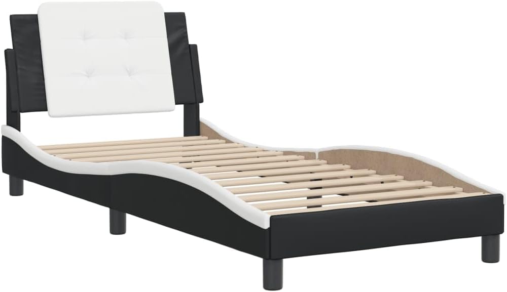 Twin Bed Frame with Upholstered Headboard Black and White Faux Leather Platform Bed Frame Modern Waved Design for Bedroom Furniture