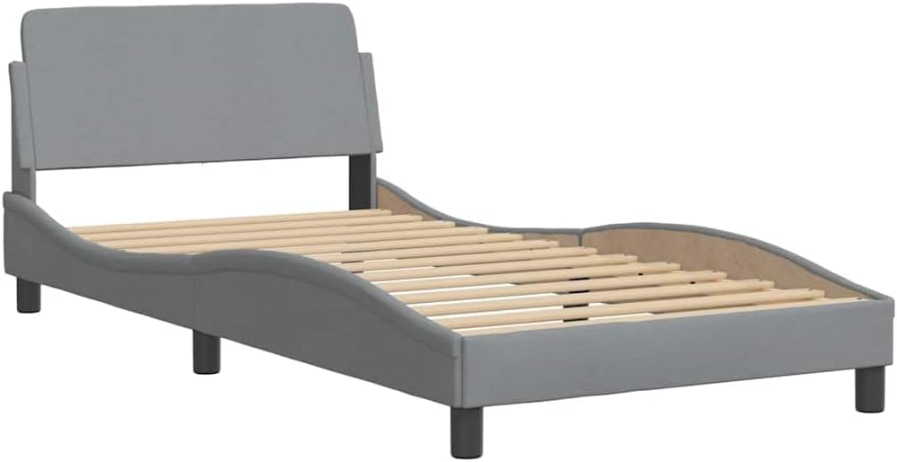 Light Grey Twin Bed Frame with Wavy Sides and Plush Headboard, Sturdy Solid Pine Construction with Under-Bed Storage, Modern Minimalist Design for Bedroom, Breathable