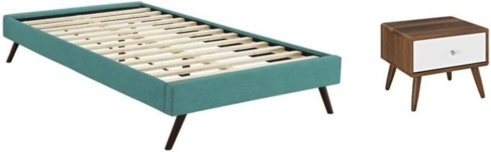 Pemberly Row Set of 2 Twin Bed Frame in Teal and Nightstand in Walnut/White