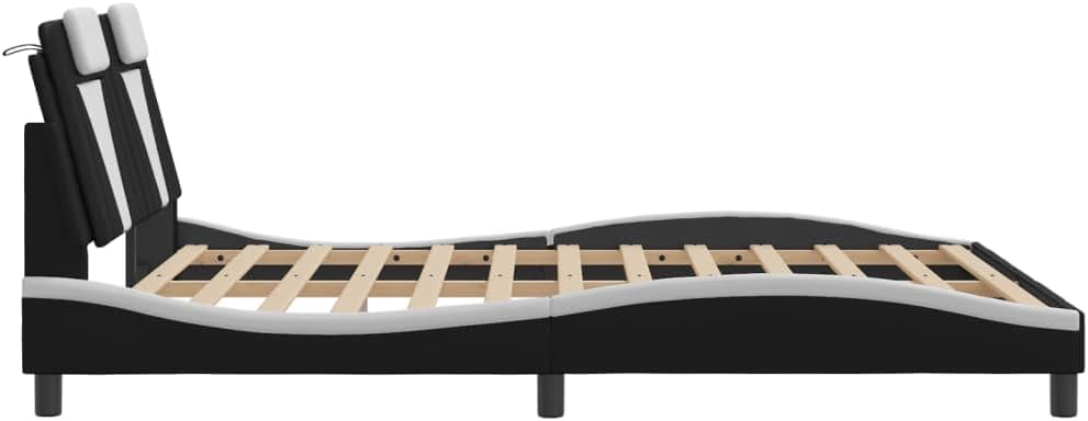 Modern Faux Leather Queen Bed Frame with Adjustable Armrests and Cushioned Headboard Sturdy Plywood Pine Construction Black and White for Bedroom