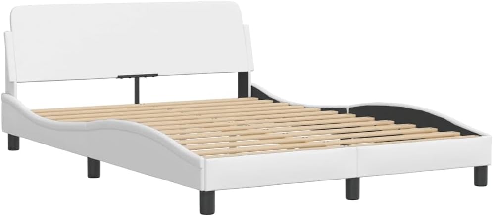 Modern White Faux Leather Platform Bed Frame Double Size with Upholstered Headboard Waved Side Design for Bedroom Comfort and Style