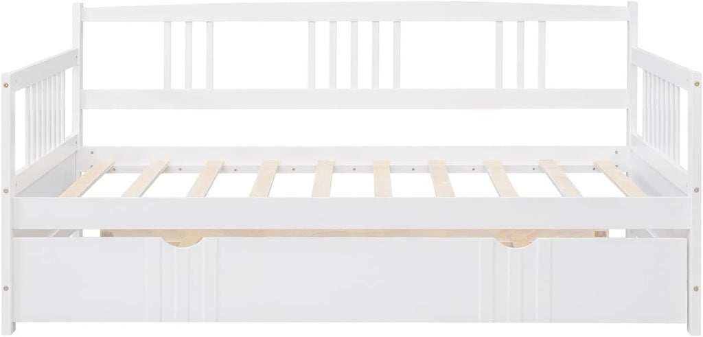 Twin Metal Platform Bed Frame, White Bed Set Solid Wood Bohemian Sofa Bed with Slats Daybed with Trundle for Teen Adult Bedroom Living Room