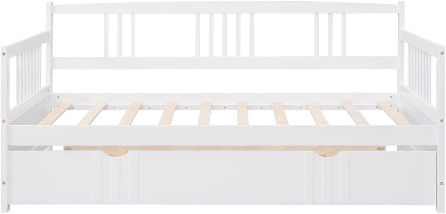 Twin Metal Platform Bed Frame, White Bed Set Solid Wood Bohemian Sofa Bed with Slats Daybed with Trundle for Teen Adult Bedroom Living Room
