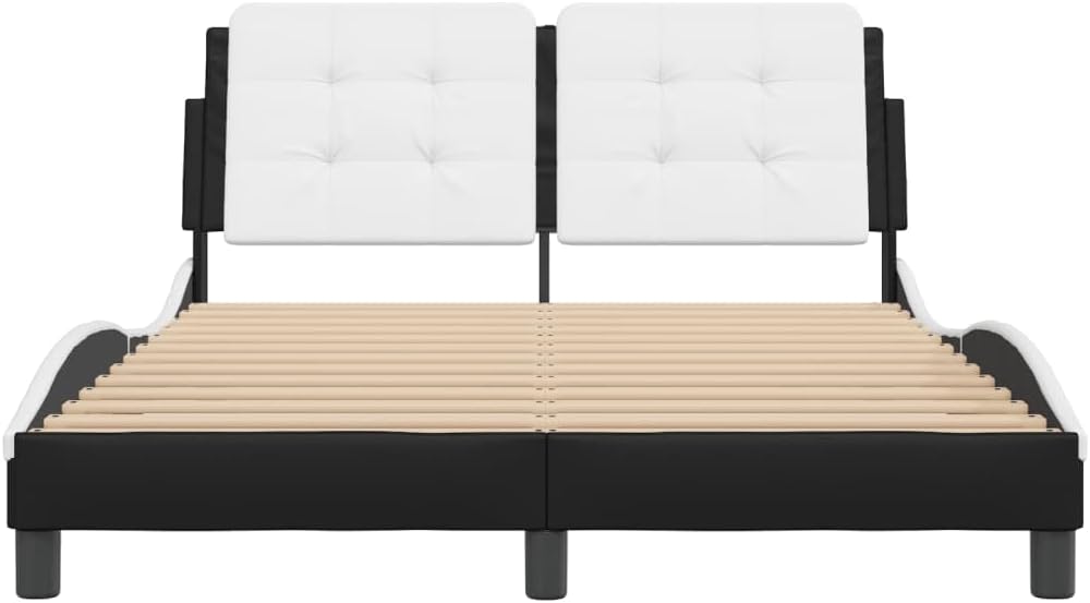 Queen Size Faux Leather Platform Bed Frame with Headboard Black and White 53.9'x74.8' Modern Waved Design Bedframe for Bedroom Furniture