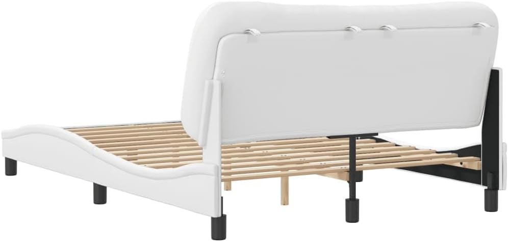 White Queen Platform Bed Frame with Upholstered Headboard Faux Leather Modern Bedframe for Bedroom Furniture 53.9'x74.8'