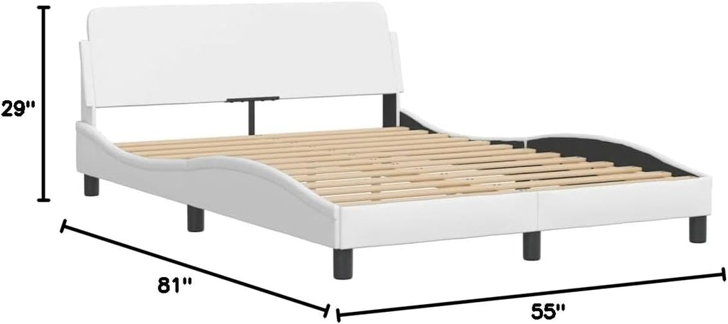 White Queen Platform Bed Frame with Upholstered Headboard Faux Leather Modern Bedframe for Bedroom Furniture 53.9'x74.8'