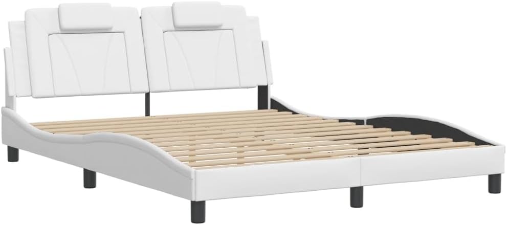 Bed Frame with Headboard 59.8'x79.9' Faux Leather Upholstered Platform Bed Frame Queen Size Modern Waved Design for Bedroom Decor