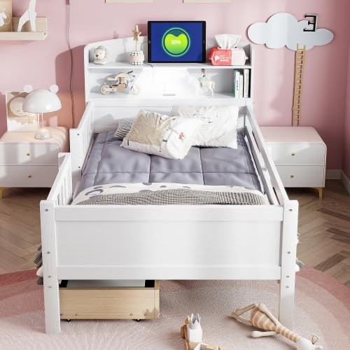 Bellemave Twin Size Kids Platform Bed with Fences and 2 Drawers, Wooden Twin Bed Frame with Storage Headboard and LED Light for Girls Boys, White