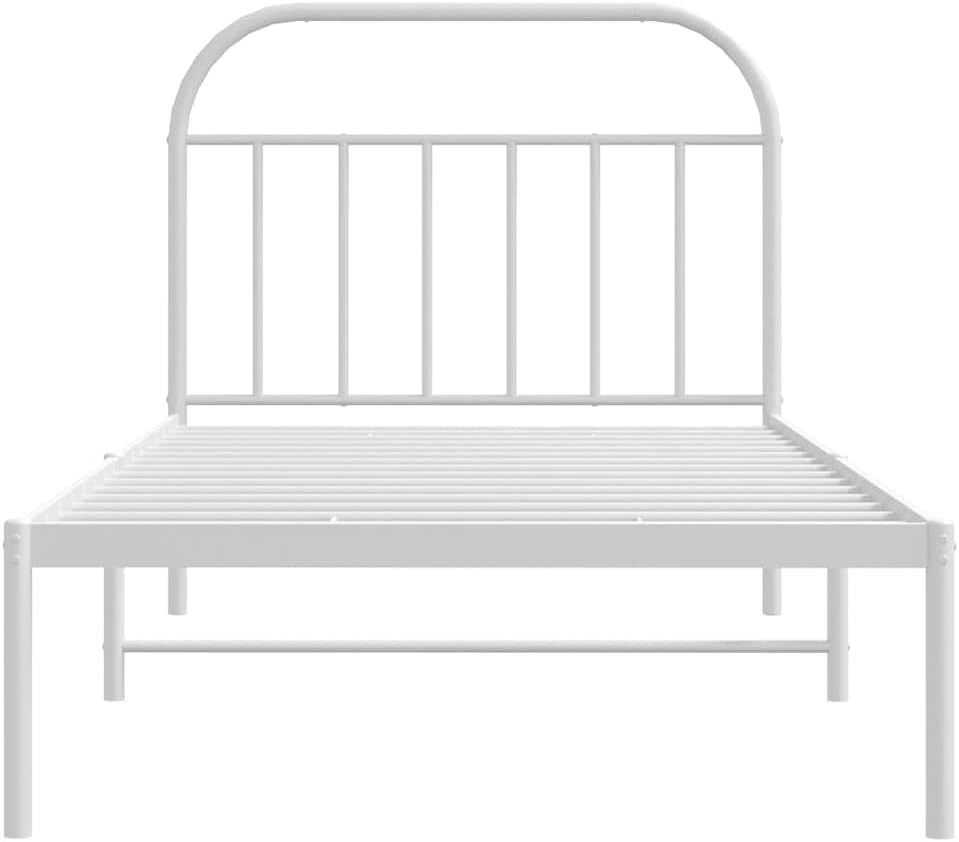 White Powder-Coated Steel Twin Bed Frame with Headboard, Durable Metal Construction and Minimalist Design for Modern Bedroom, Space Efficient Single Sleeper Bed Frame