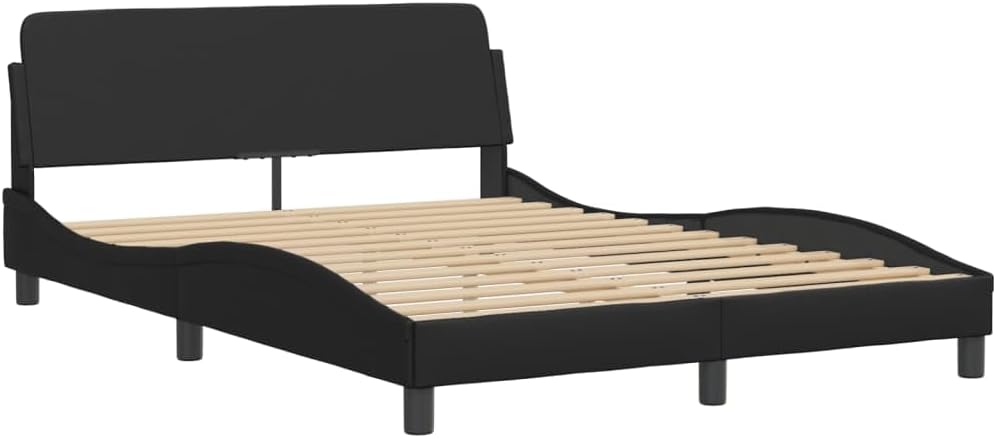 Full Size Platform Bed Frame with Headboard Black Faux Leather Upholstered Modern Waved Design Sturdy Support for Bedroom Furniture