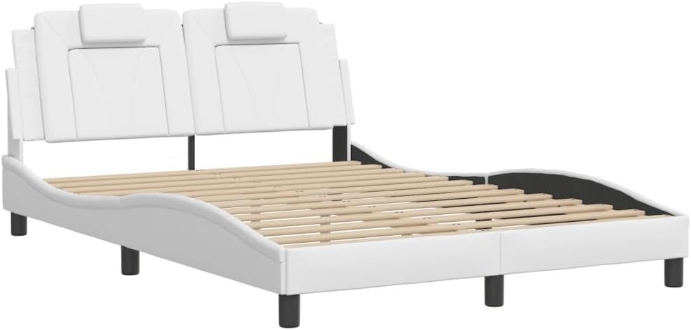 White Upholstered Queen Bed Frame with Soft Faux Leather Headboard Modern Platform Bed Frame Sturdy Pine Wood Structure for Bedroom