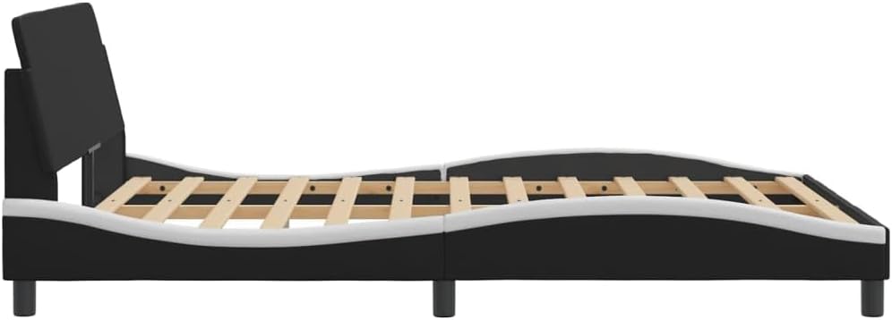 Upholstered Bed Frame Full Size Platform Bedframe with Headboard Black and White Faux Leather Modern Waved Design for Bedroom Furniture