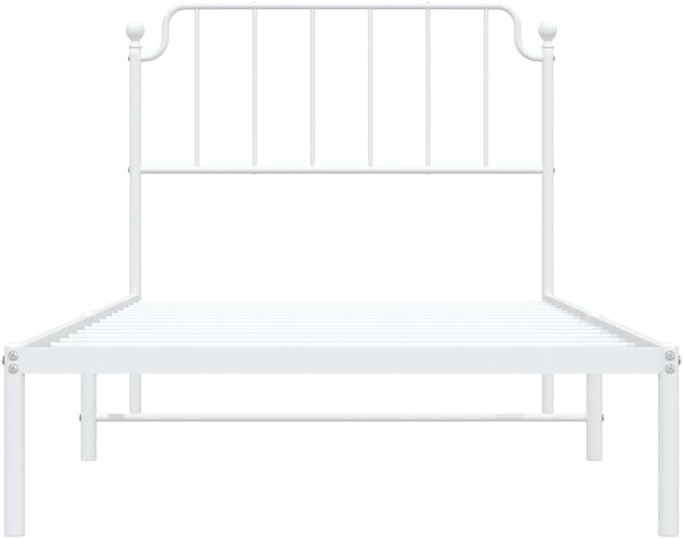 White Powder-Coated Steel Single Bed Frame with Metal Slats and Storage, 4-Piece Sturdy Platform Bed Frame for Adult Bedroom, Modern Minimalist Design, Durable and Easy