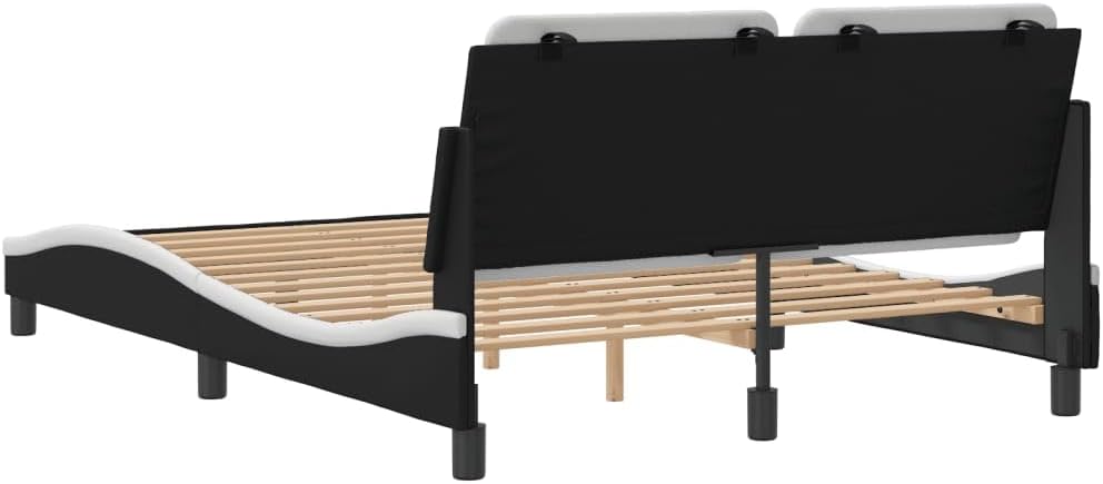 Queen Size Faux Leather Platform Bed Frame with Headboard Black and White 53.9'x74.8' Modern Waved Design Bedframe for Bedroom Furniture