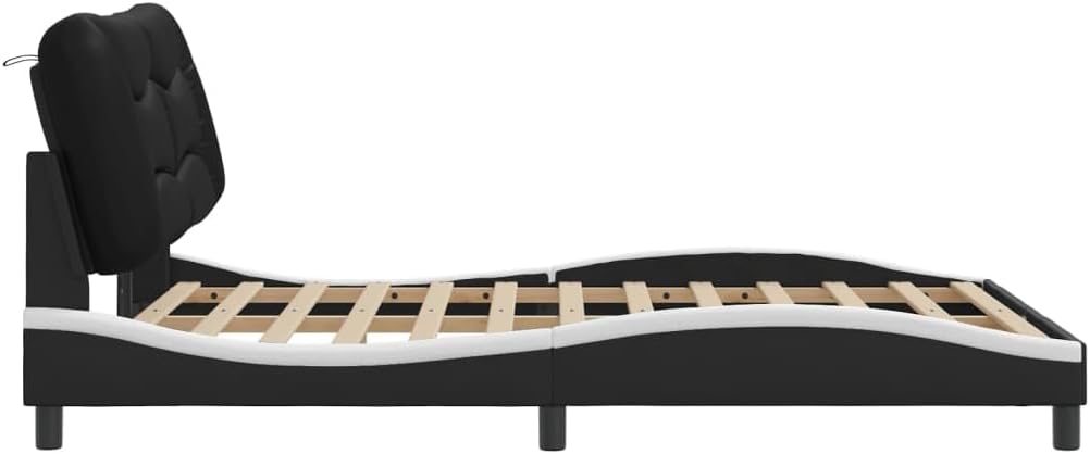 Upholstered Platform Bed Frame with Headboard Black and White Faux Leather Full Size 53.9'x74.8' Modern Wavy Design Sturdy Wood Slats Bedroom Furniture