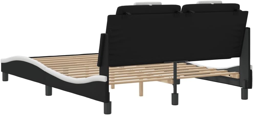 Queen Size Platform Bed Frame with Headboard 53.9'x74.8' Faux Leather Upholstered Bedframe Modern Wavy Design Sturdy Wooden Slats for Bedroom Furniture Black and White