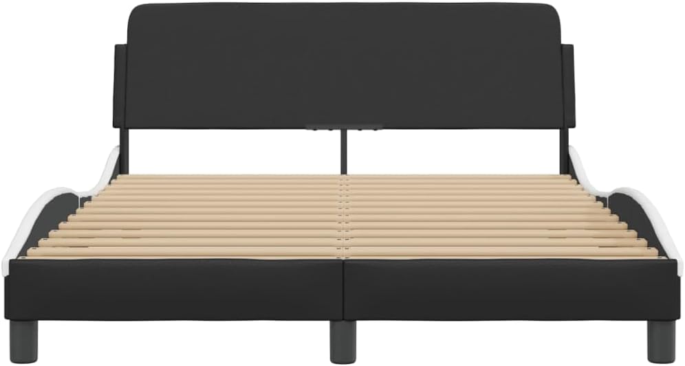 Full Size Bed Frame with Headboard Black and White Faux Leather Platform Bed Frame No Mattress Needed Sturdy Metal Legs Modern Wavy Design for Bedroom Furniture