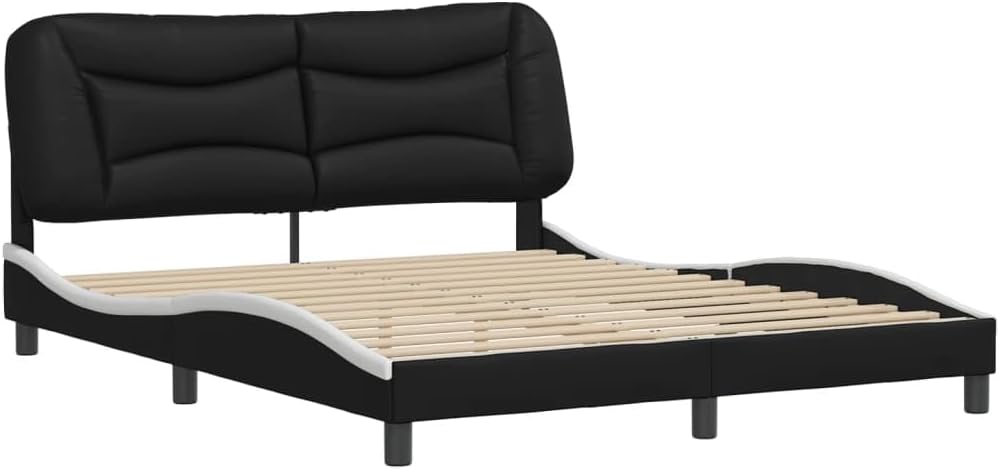 Queen Platform Bed Frame with Headboard 59.8'x79.9' Faux Leather Upholstered Modern Bedframe Black and White Wavy Design for Bedroom Furniture