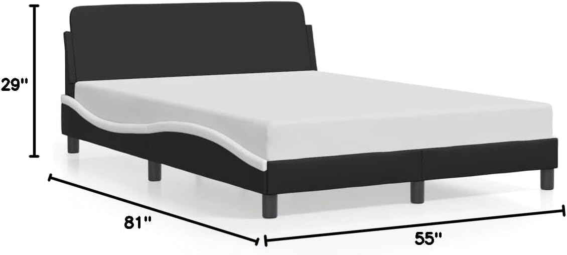 Upholstered Bed Frame Full Size Platform Bedframe with Headboard Black and White Faux Leather Modern Waved Design for Bedroom Furniture