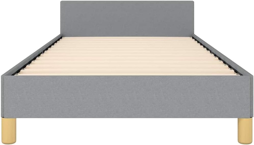 Twin Size Light Grey Platform Bed Frame with Upholstered Headboard, Sturdy Bedframe for Small Bedrooms Guest Room Furniture