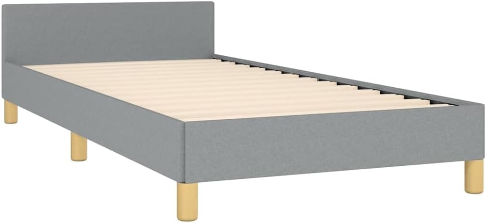 Twin Size Light Grey Platform Bed Frame with Upholstered Headboard, Sturdy Bedframe for Small Bedrooms Guest Room Furniture