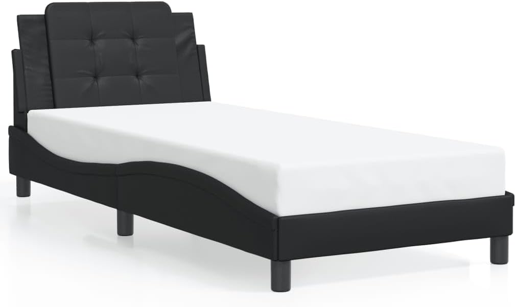 Twin Bed Frame with Headboard Black Faux Leather Platform Bed Frame 39.4x74.8 Inch Sturdy Wood Slats Modern Waved Design for Bedroom Furniture