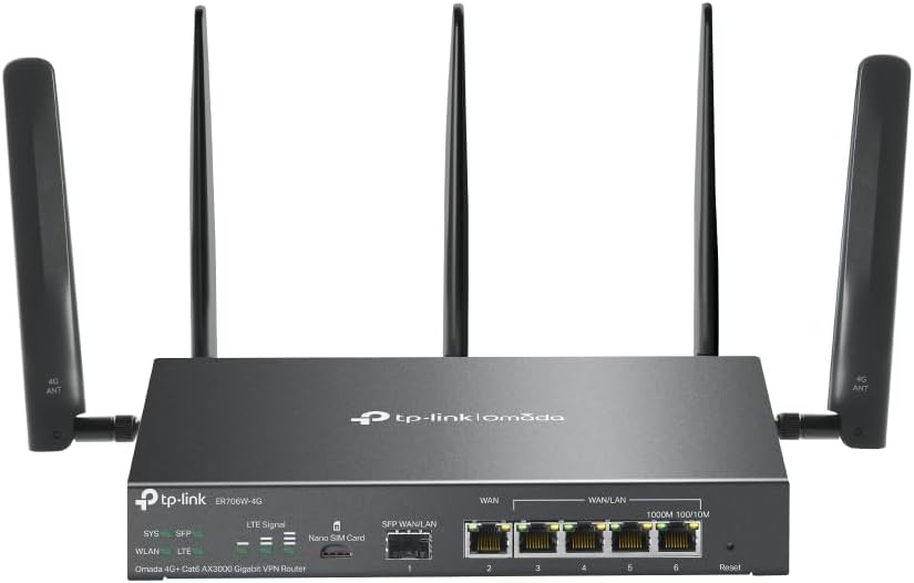 TP-Link ER706W-4G Omada 4G+ Cat6 AX3000 Gigabit VPN Gateway Router | Wi-Fi 6 AX3000 Dual Band with LTE | Supports Omada Mesh | Easy Set-up