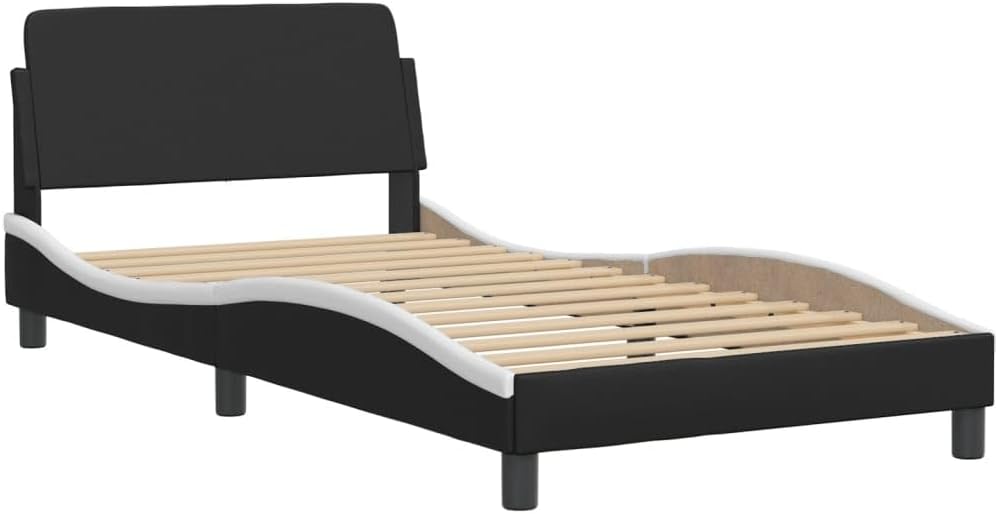 Twin XL Bed Frame with Headboard 39.4'x79.9' Faux Leather Platform Bed Frame Black and White Modern Wavy Design for Bedroom Furniture
