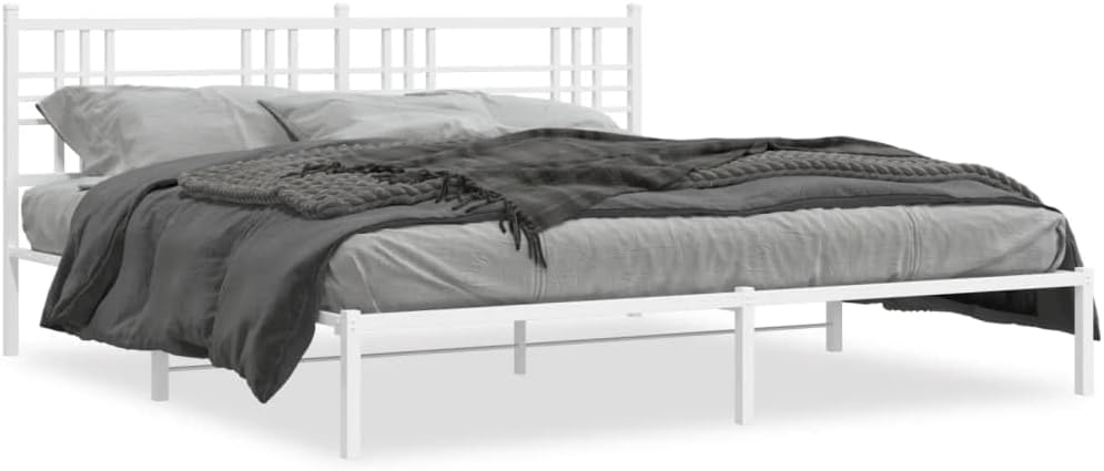 White Powder-Coated Steel Double Modern Bed Frame with Headboard, 76.0 in Wide 80.0 in Long, Durable Metal Construction for Adults and Guests, Contemporary Design, Sturdy