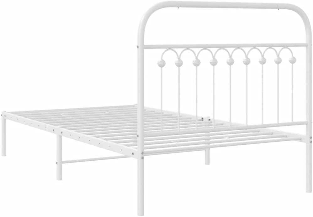 White Steel Bed Frame 39.4 x 78.7 in with Headboard, Sturdy Rectangular Metal Frame for Standard Mattress, Easy Assembly, Rust-Resistant Powder Coated Finish, Classic Design