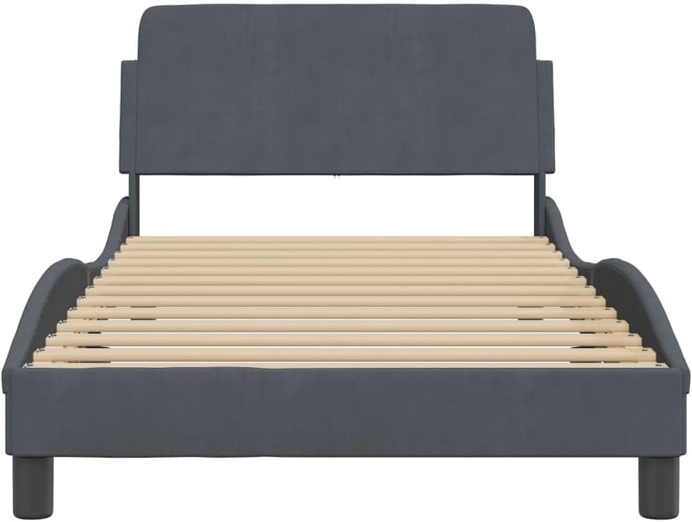 Twin Bed Frame with Upholstered Velvet Headboard Dark Grey Modern Design Under Bed Storage Sturdy Metal Frame for Bedroom
