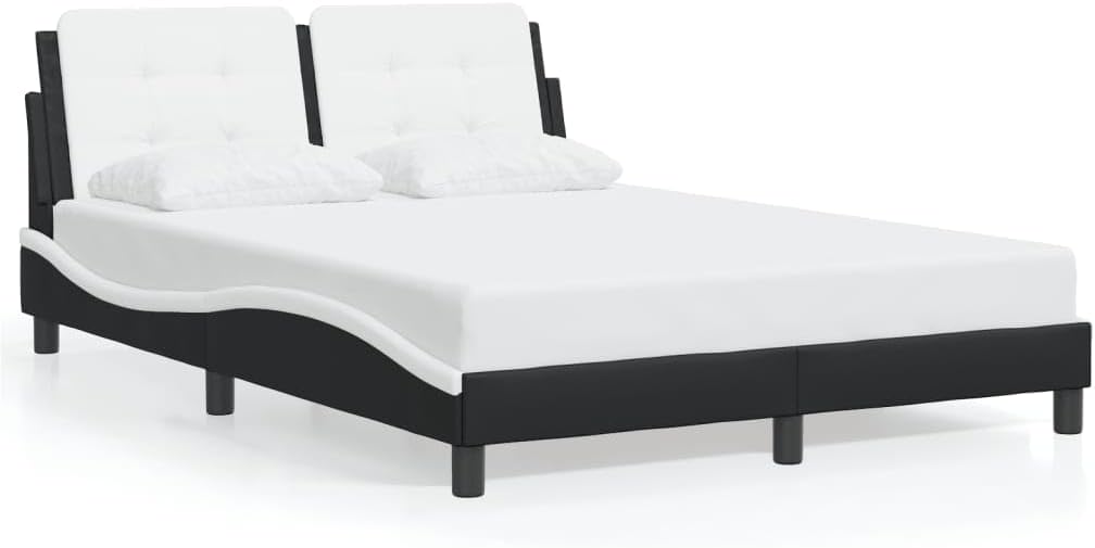 Full Size Bed Frame Black Faux Leather Upholstered Modern Wavy Design Low-Profile Frame with Cushioned Headboard Bedroom Furniture