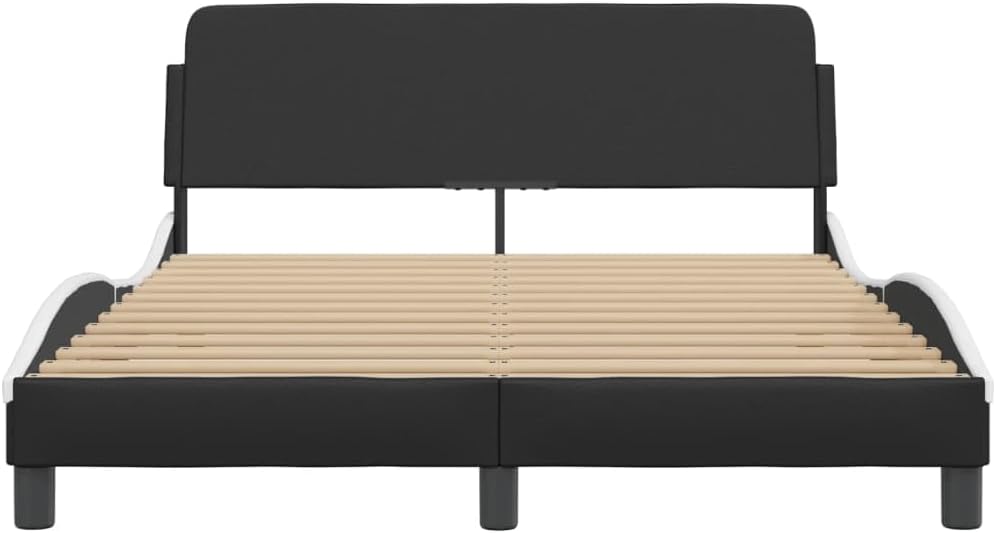 Upholstered Bed Frame Full Size Platform Bedframe with Headboard Black and White Faux Leather Modern Waved Design for Bedroom Furniture