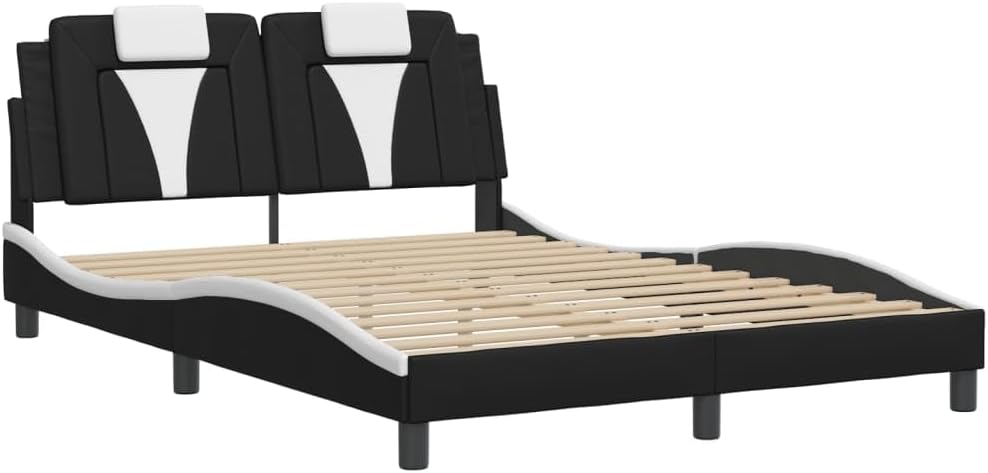 Modern Queen Bed Frame Black and White Upholstered Platform Bed with Built-in Lighting for Bedroom