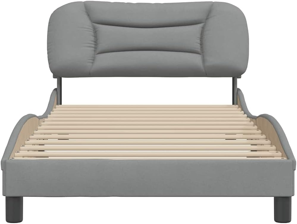 Light Grey Twin Bed Frame with Wavy Sides and Plush Headboard, Sturdy Solid Pine Construction with Under-Bed Storage, Modern Minimalist Design for Bedroom, Breathable