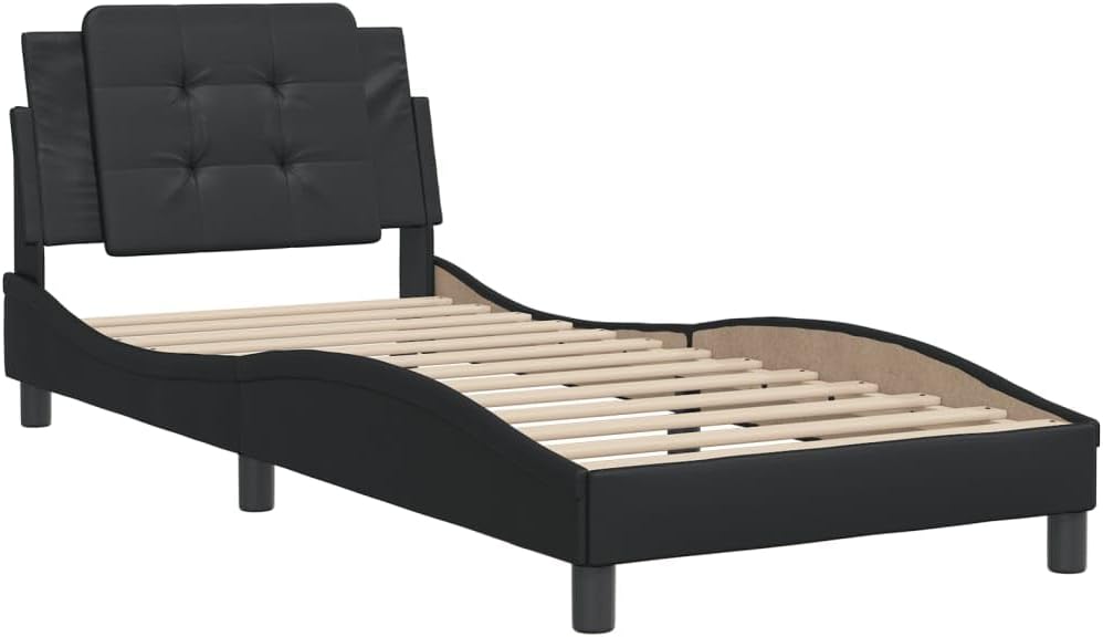 Twin Bed Frame with Headboard Black Faux Leather Platform Bed Frame 39.4x74.8 Inch Sturdy Wood Slats Modern Waved Design for Bedroom Furniture
