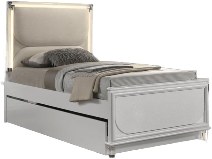 Pearl White Twin Size Bed W Trundle 2X Nightstands Embossed Panel 3pc Bedframe Bedroom Furniture
