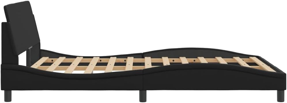 Full Size Platform Bed Frame with Headboard Black Faux Leather Upholstered Modern Waved Design Sturdy Support for Bedroom Furniture