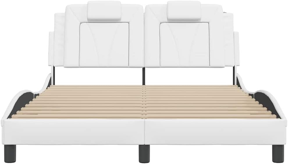 White Faux Leather Full Platform Bed, 55.9'x81.9'x29.3', Pine & Engineered Wood Support, Low-Profile Modern Headboard