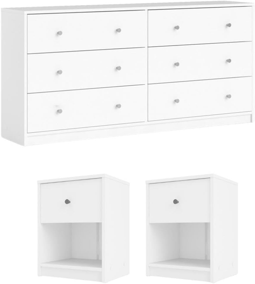 Pemberly Row 3 Piece Modern Wood Dresser and Nightstand Bedroom Set in White