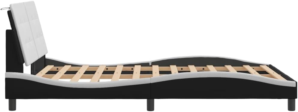 Queen Size Faux Leather Platform Bed Frame with Headboard Black and White 53.9'x74.8' Modern Waved Design Bedframe for Bedroom Furniture