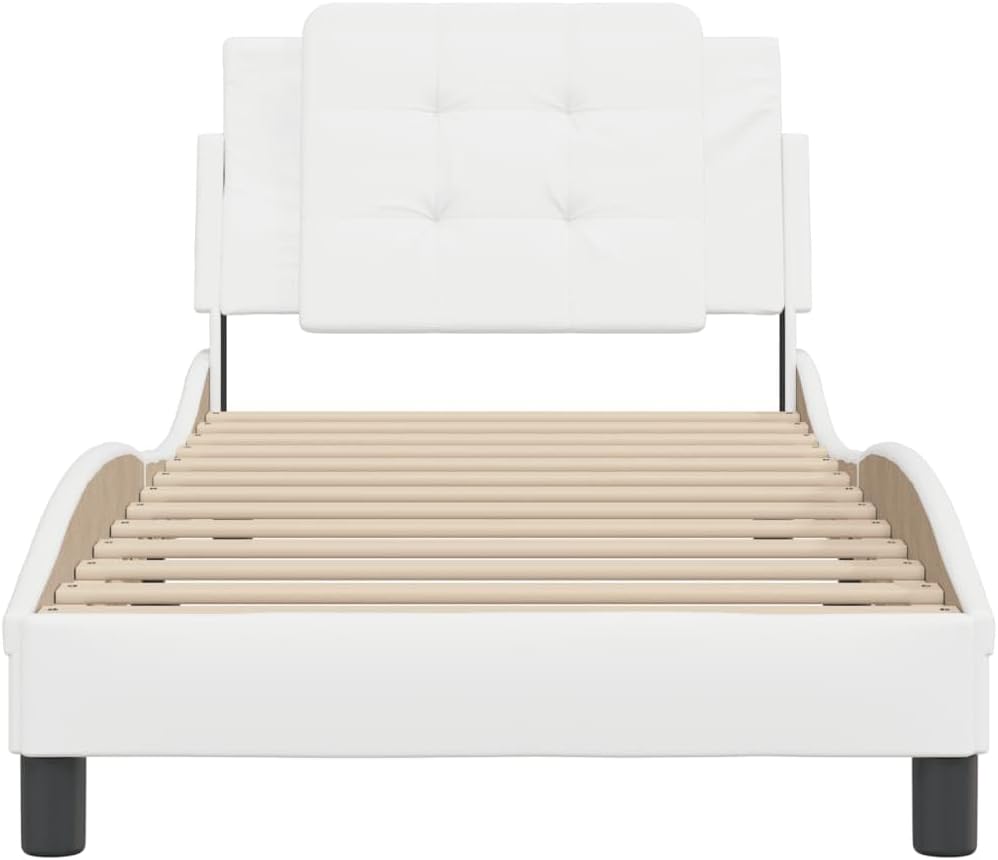 Twin Bed Frame White Faux Leather Upholstered Platform Bed with Underbed Storage, Easy Assembly and Modern Design for Bedroom Furniture