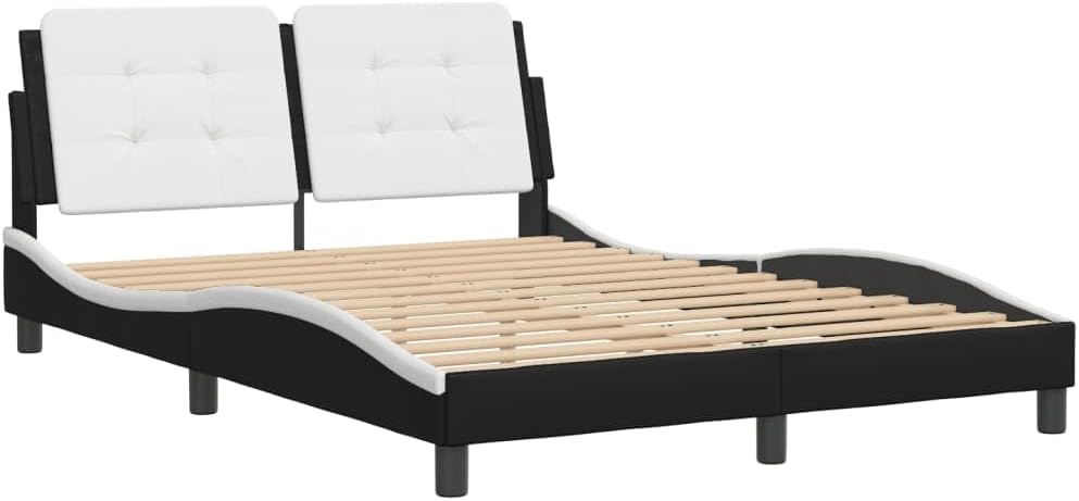 Queen Size Faux Leather Platform Bed Frame with Headboard Black and White 53.9'x74.8' Modern Waved Design Bedframe for Bedroom Furniture