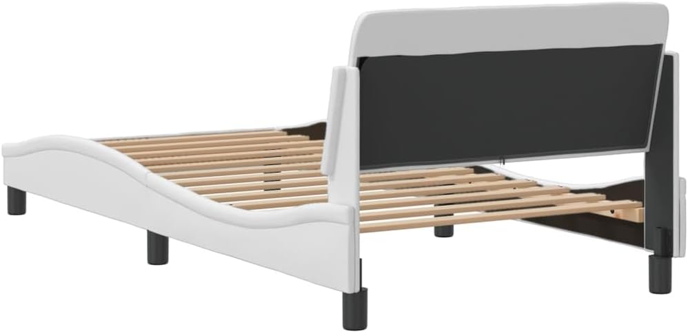 Twin Bed Frame with Headboard White 39.4'x74.8' Faux Leather Platform Bed Frame Modern Waved Design for Bedroom Furniture